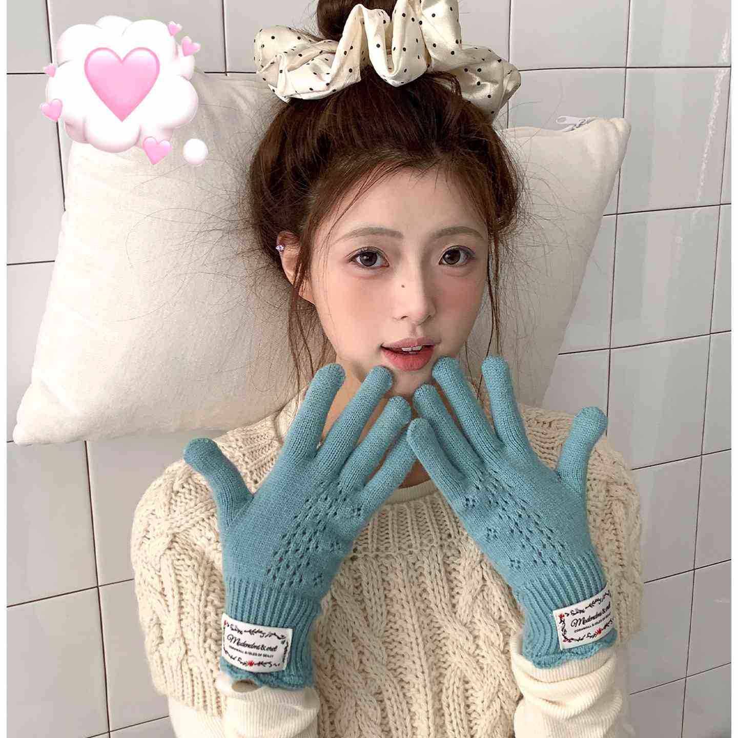 可触屏韩系氛围感蕾丝花边针织手套女冬季骑车防寒保暖分指手套潮