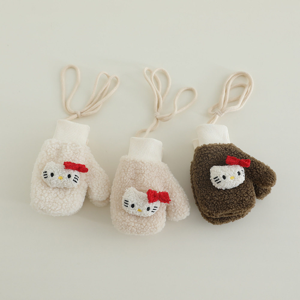 儿童手套冬季保暖加绒可爱卡通小猫男女宝宝防寒毛绒秋冬全指手套