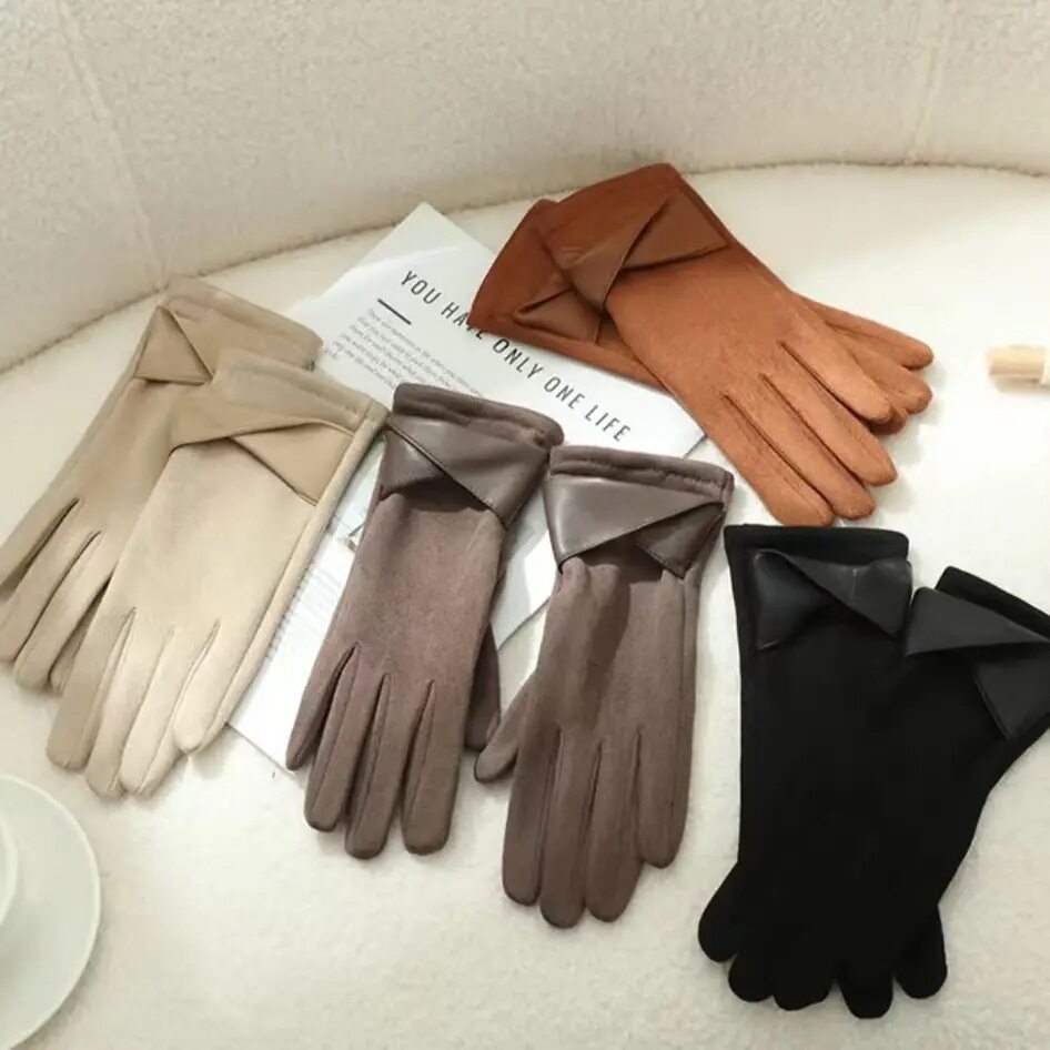 仿麂皮绒手套女冬季2025新款加绒保暖手套防寒触屏骑行开车防风手