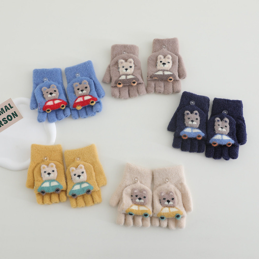 儿童手套冬季保暖加绒可爱卡通小熊男女宝宝防寒毛绒秋冬露指手套