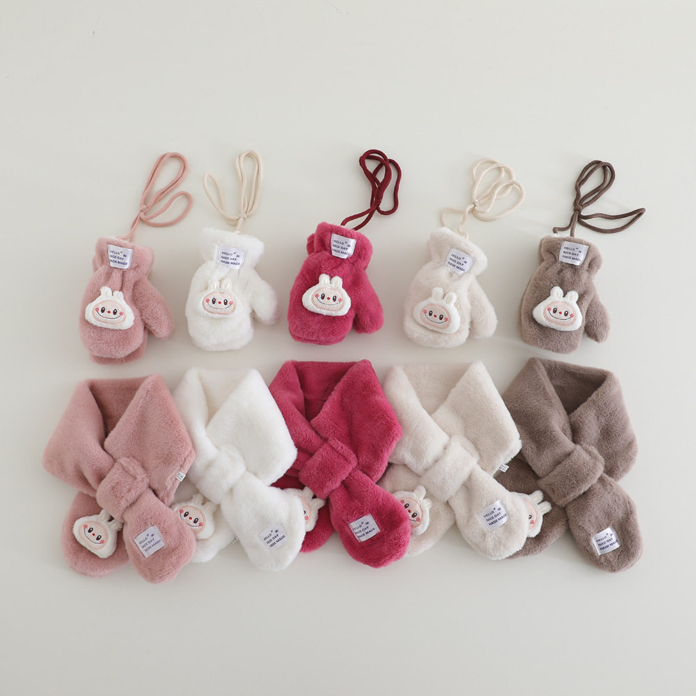 儿童围巾冬季保暖加绒可爱超萌兔子男女宝宝防寒毛绒秋冬全指手套