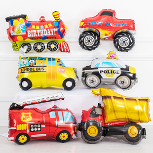 男孩宝宝场景布置装饰小汽车主题生日气球小火车警车工程车消防车