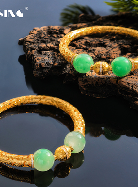 VISING珠宝天然非洲翠古法卷草纹金色手镯国风镯子S925银