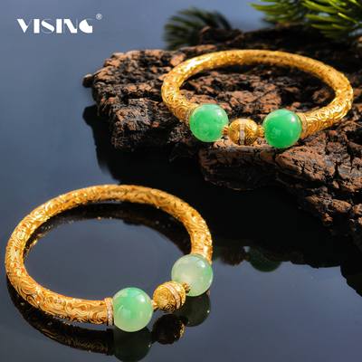 VISING珠宝天然非洲翠古法卷草纹金色手镯国风镯子S925银