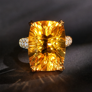 VISING珠宝天然全净体暴力黄千禧切巴西黄水晶戒指20克拉左右指环