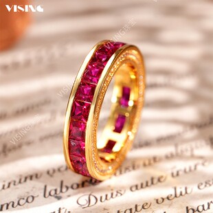 VISING珠宝培育合成红宝石鸿运戒指手工无缝拼钻金色戒指