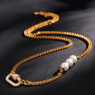 VISING珠宝黄金色珍珠回形扣百搭项链古巴链超重工S925银