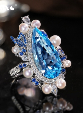 VISING珠宝天然托帕石珍珠水滴戒指13ct左右S925银