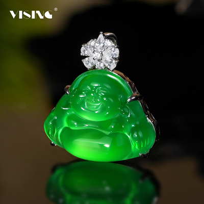 VISING珠宝天然绿玉髓迷你小佛公舒佛吊坠项链锁骨链S925银