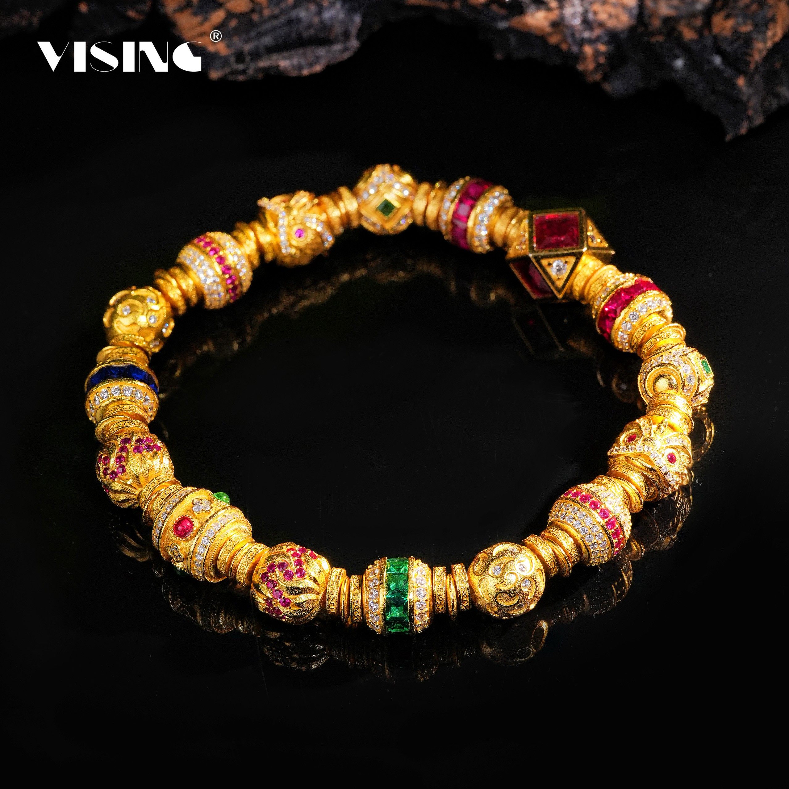 VISING珠宝培育红宝石【金盘缠】黄金色多宝多巴胺手串S925