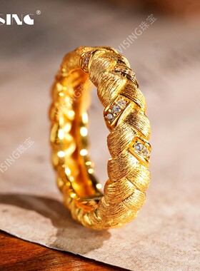 VISING珠宝金色大麦麦穗纯手工拉丝克丝戒指手饰新中式百搭婚戒
