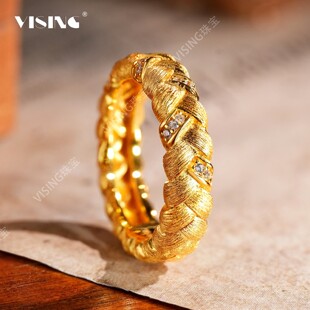 VISING珠宝金色大麦麦穗纯手工拉丝克丝戒指手饰新中式百搭婚戒