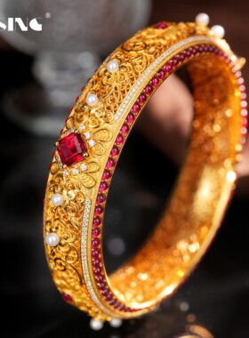VISING珠宝培育红宝石【国检】黄金色手镯国风花丝镶嵌S925银镯子