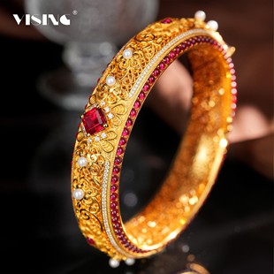 VISING珠宝培育红宝石【国检】黄金色手镯国风花丝镶嵌S925银镯子