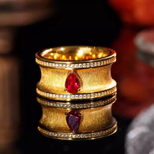 VISING珠宝培育红宝石足金色拉丝戒指指环宽版超重工10克左右