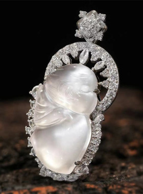 VISING天然石英质玉水沫玉小天使吊坠项链国风新中式媲美翡翠