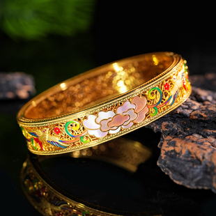 VISING珠宝 古法花丝镶嵌贝母牡丹珐琅黄金色手镯S925 富贵双栖