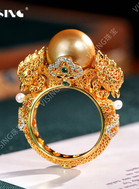 VISING珠宝黄金色花丝镶嵌凤凰金珠戒指手饰复古国风新中式