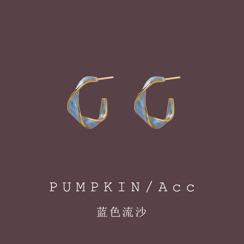 蓝色流沙C形扭曲耳圈耳圈高级感小众复古耳饰蚊香盘耳夹无耳洞女