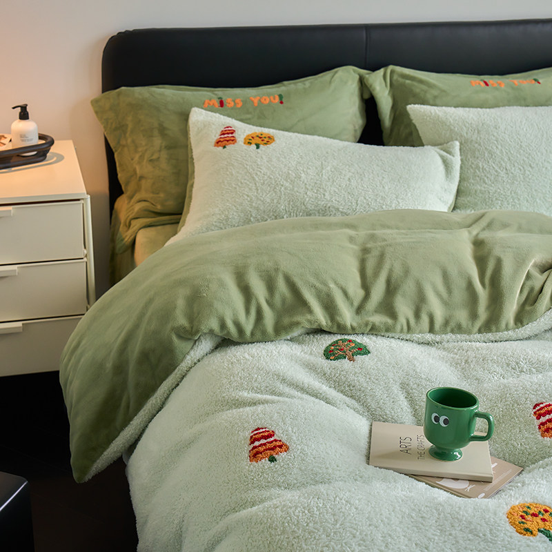 Ins可爱清新毛巾绣双面牛奶绒四件套冬季绿色保暖三件套加厚被套
