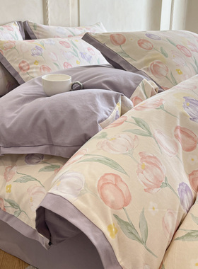 美式100纯棉长绒棉磨毛床上四件套 复古全棉印花保暖被套床笠床单