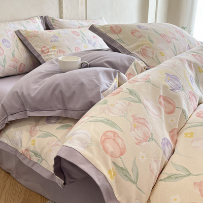 美式100纯棉长绒棉磨毛床上四件套 复古全棉印花保暖被套床笠床单