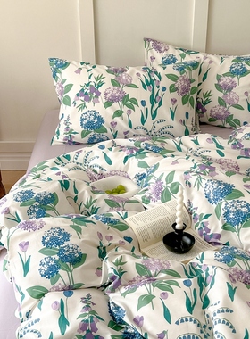 ゅ紫色绣球花美式田园风纯棉床上四件套清新双人全棉碎花被套2m床