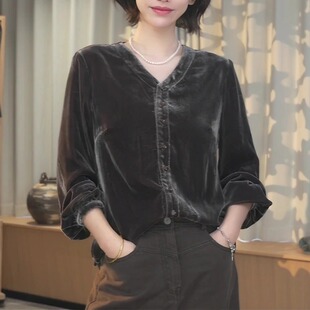 高级感V领显瘦百搭桑蚕丝真丝丝绒长袖气质复古:女士衬衫
