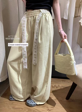 METWO 8760蕾丝腰带工装裤女2025夏季轻薄舒适高腰宽松直筒阔腿裤