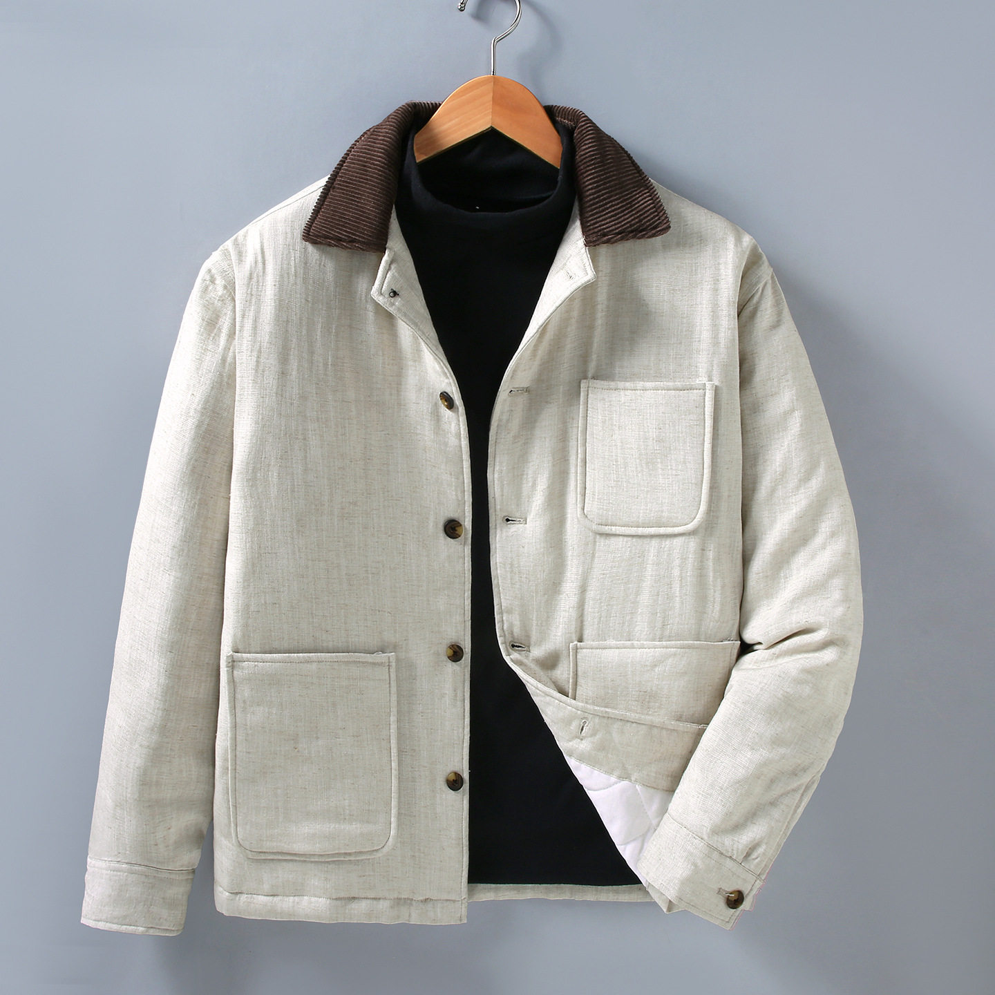 老钱风男装天丝亚麻翻领棉衣外套