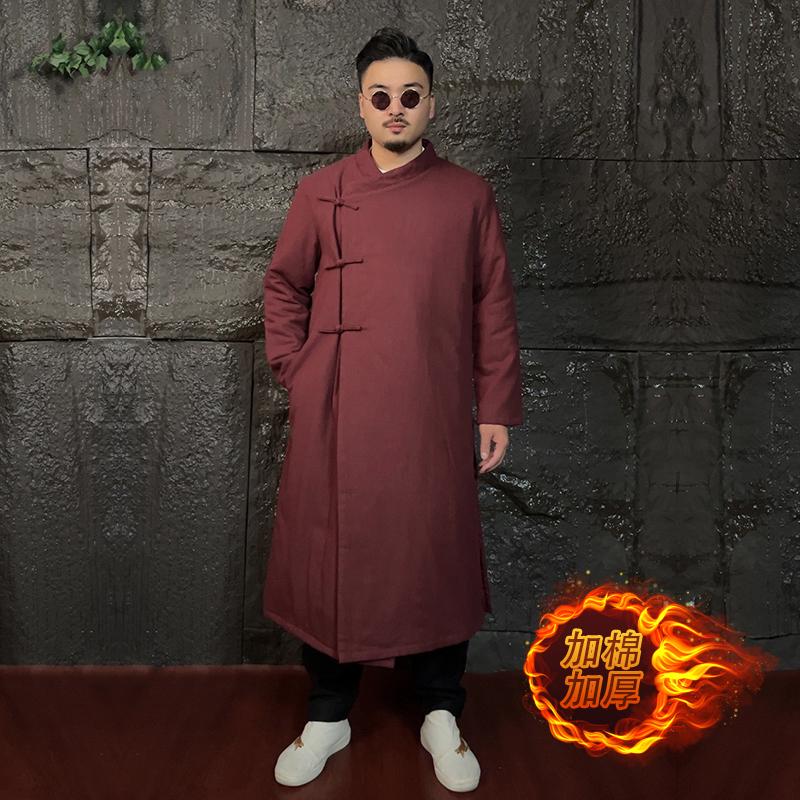 唐装新中式棉麻加棉加厚长款棉服