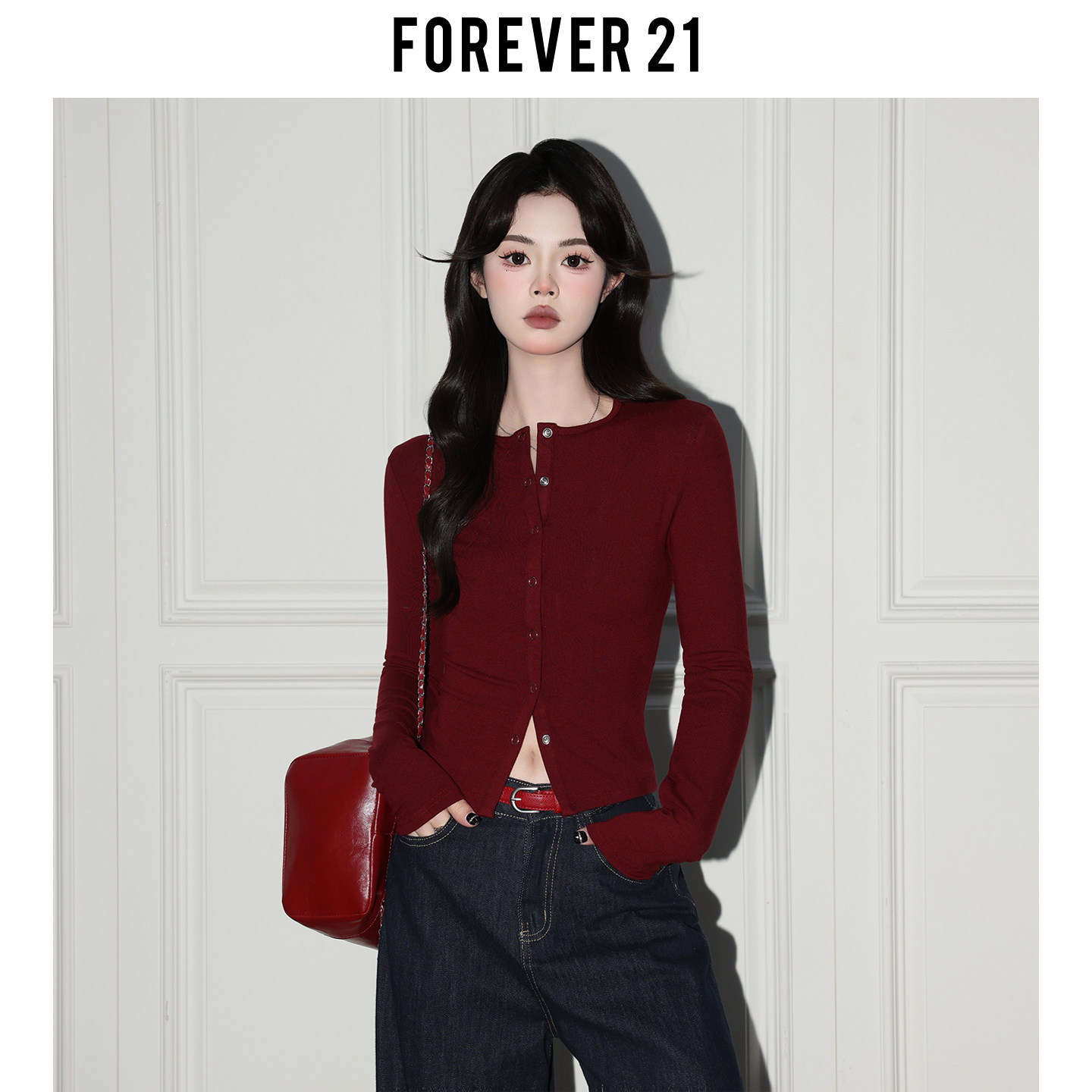 Forever 21辣妹红色圆领修身针织小衫女冬季韩系收腰长袖打底上衣