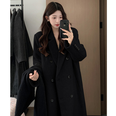 黑色毛呢外套女加厚2025