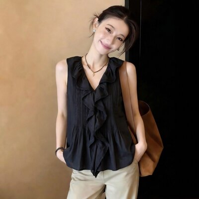 黑色V领无袖荷叶边背心女