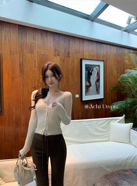 ACHI大也池蕾丝边V领白色针织打底衫女气质修身显瘦长袖开衫上衣