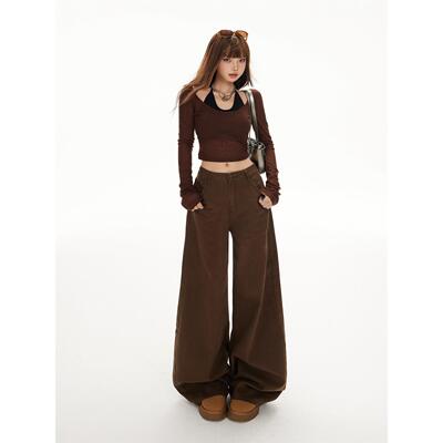 加绒棕咖色高腰阔腿牛仔