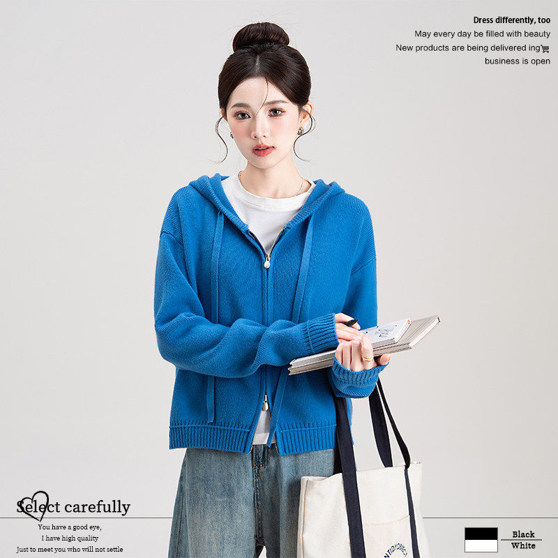 克莱因蓝连帽针织毛衣开衫女春装新款小个子慵懒风百搭外穿短上衣