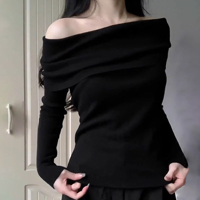 法式黑色锁骨一字肩针织