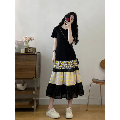 碎花格子黑色正肩短袖连