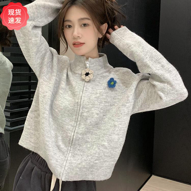 韩系拉链高领毛衣外套女秋冬新款慵懒风别致宽松短款针织开衫上衣