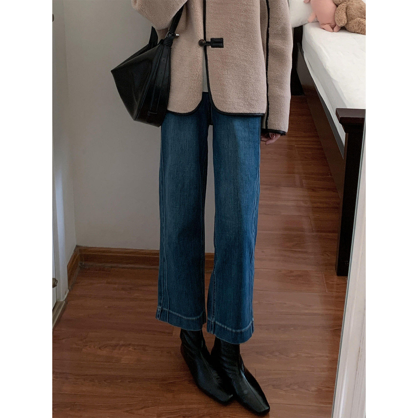 大码高腰复古蓝色直筒牛仔裤女2026年新款胖mm小个子显瘦阔腿裤子