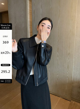 Maven Lin 黑色pu皮衣外套女2025春秋新款覆古短款翻领机车皮夹克