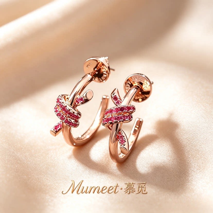 Mumeet/慕觅简约气质玫红色绳结玫瑰金耳圈