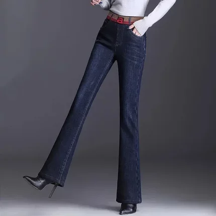 微喇加绒牛仔裤女2024秋冬新款松紧高腰显瘦弹力修身大码喇叭女裤