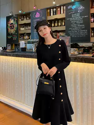 Blue language large size women's winter clothes new fat sister mm temperament socialite bottoming skirt covering meat thin knitted dress