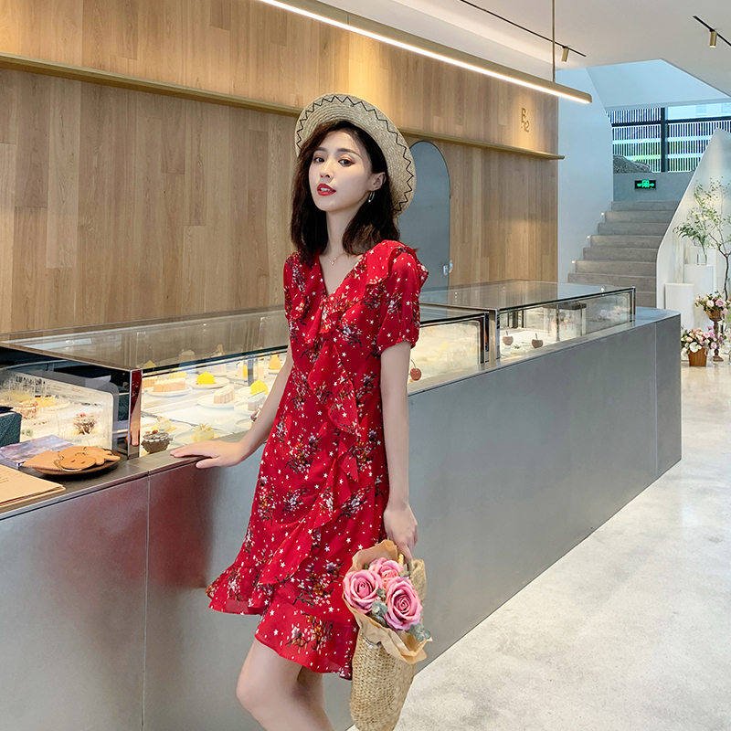 蓝语大码女装2019夏装新款胖妹妹mm时尚复古气质洋气遮肚子连衣裙