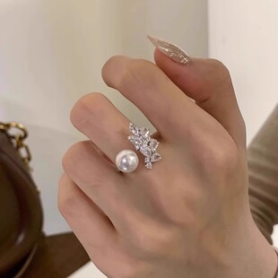 闪钻树叶珍珠戒指女名媛风精致小众开口食指戒轻奢高级感指环尾戒