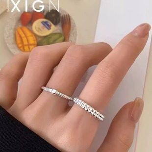 s925纯银细戒指女麻花豆豆指环小众简约高级感双层圆珠叠戴食指戒