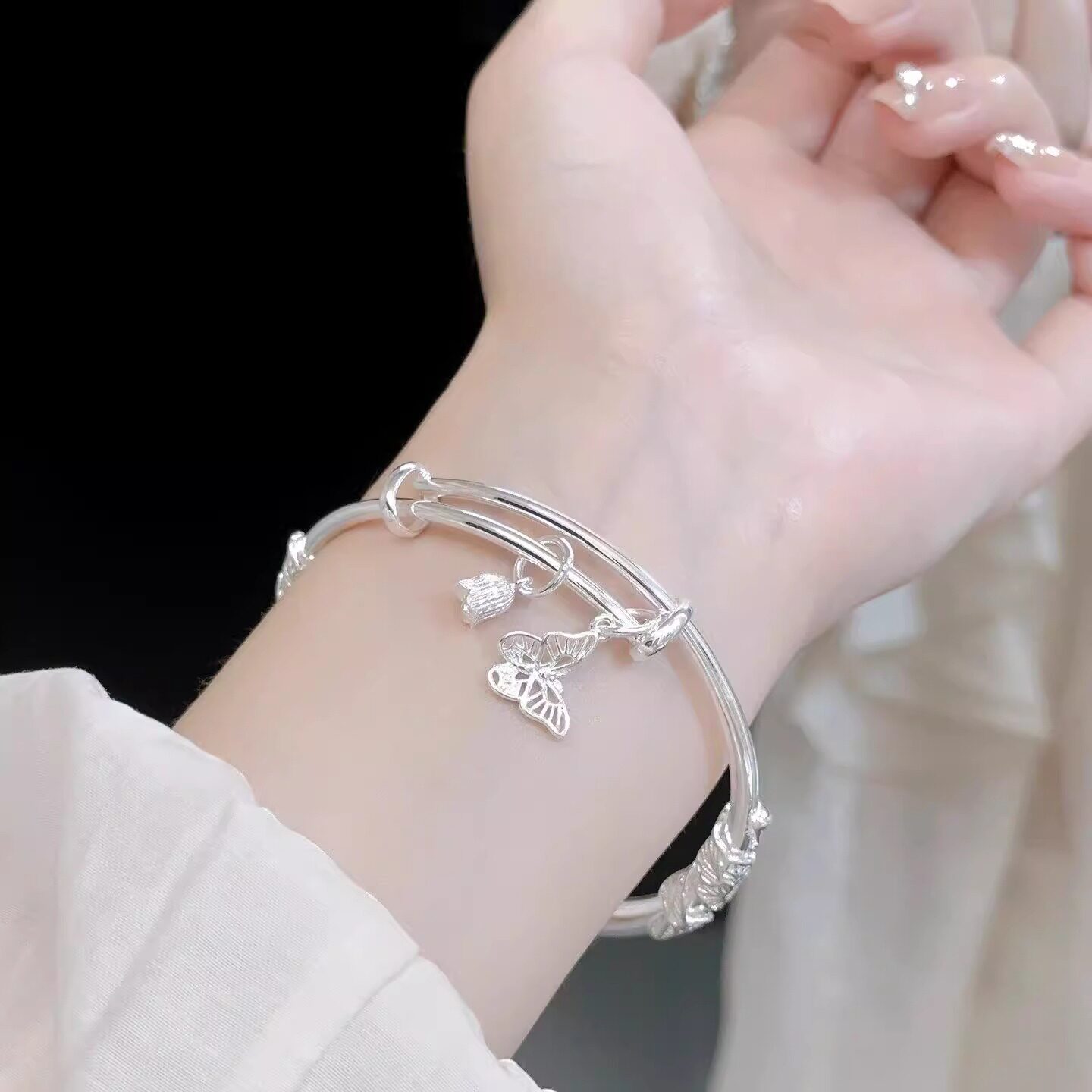 繁花似锦银手镯女款925纯银镯子精致蝴蝶步离镯520生日礼物送女友