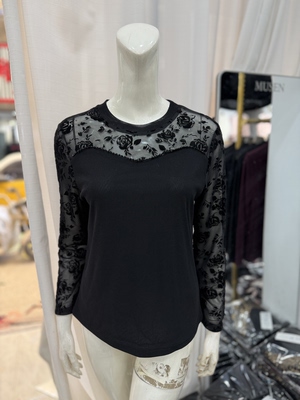 时尚妈妈春夏大码蕾丝拼接立领长袖打底衫女洋气减龄百搭T恤上衣